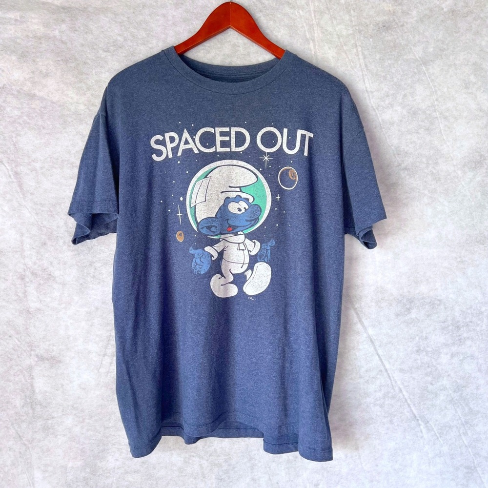 The Smurfs T-Shirt Spaced Out Astronaut Mens Blue Crew Neck Graphic Tee Size XL